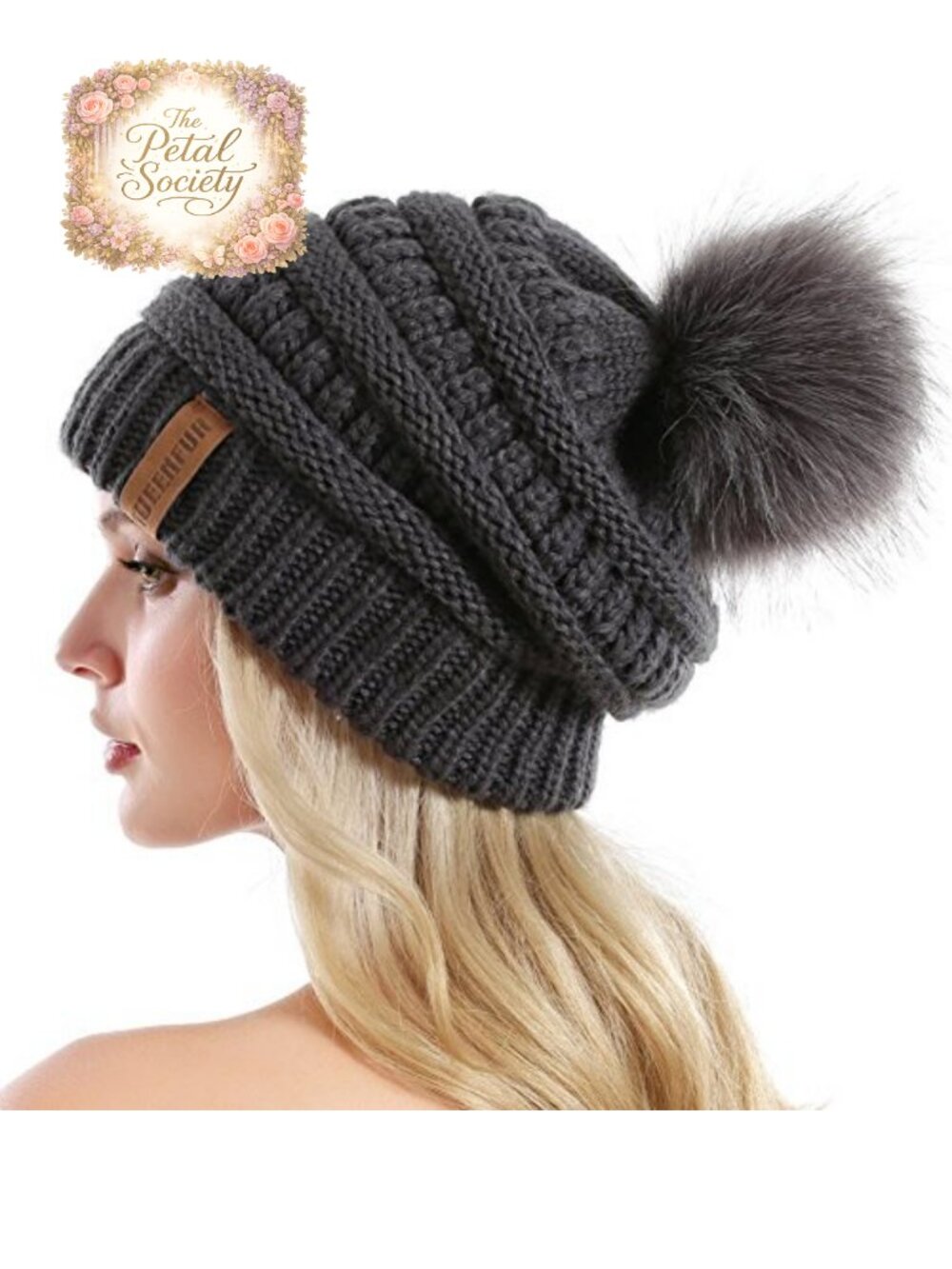Womens Slouchy Beanie Chunky Cable Knit Faux Fur Pompom Winter Ski Cap
